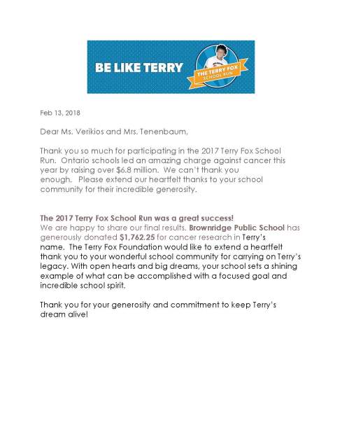 Terry Fox Thank you letter